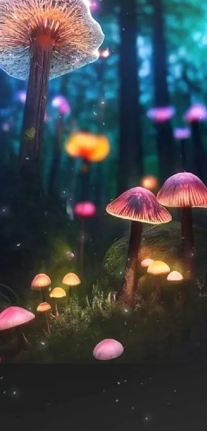 Glowing mushrooms in an enchanted forest with a mystical dark blue backdrop.