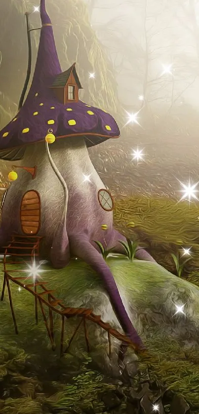 Whimsical mushroom house in a mystical forest setting.