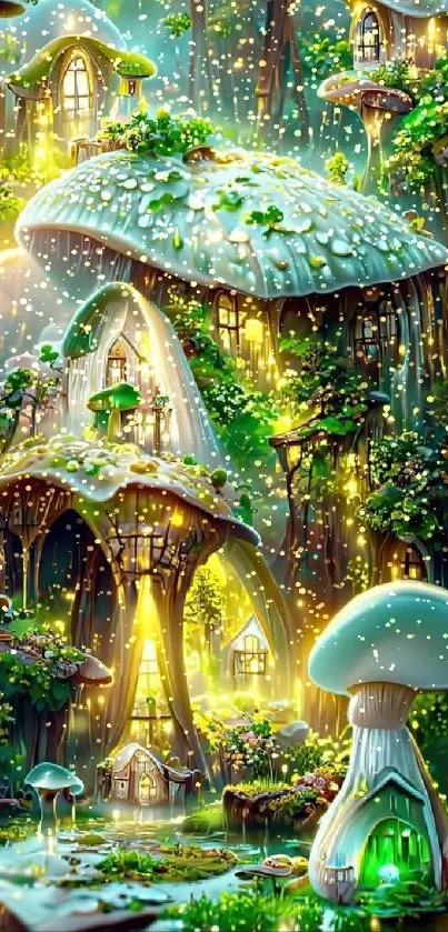 Whimsical mushroom houses glowing in enchanted forest.