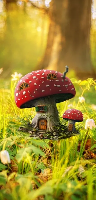 Whimsical mushroom house in sunlit enchanted forest.