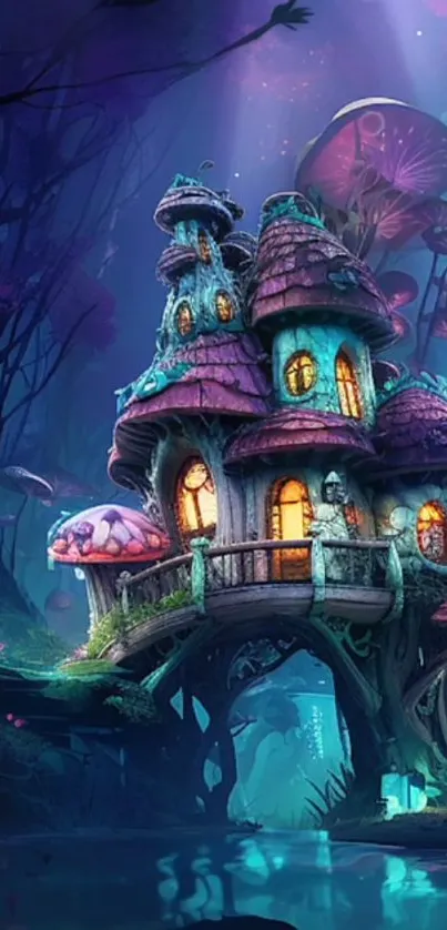 Enchanted forest with a whimsical mushroom house wallpaper.