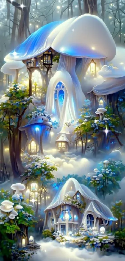 Whimsical mushroom houses in a magical forest wallpaper.