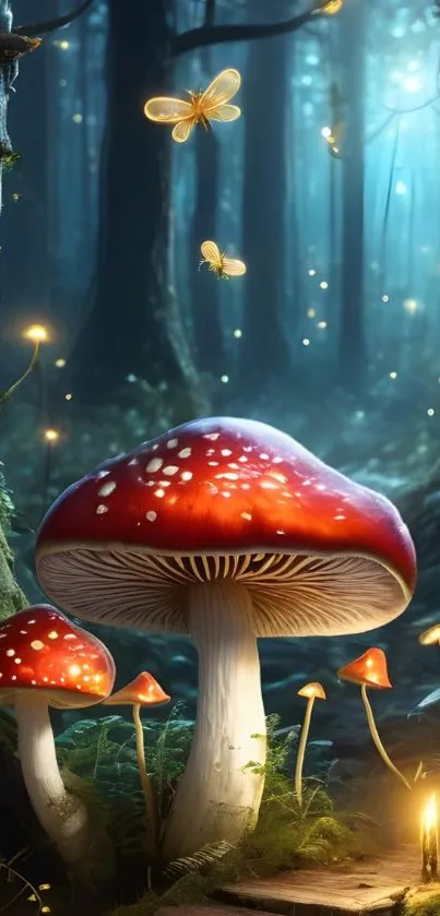 Enchanted forest with glowing mushrooms and mystical lights.