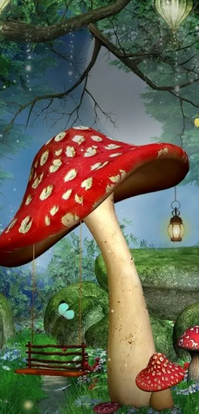 Enchanted forest wallpaper with red mushrooms and whimsical lights.