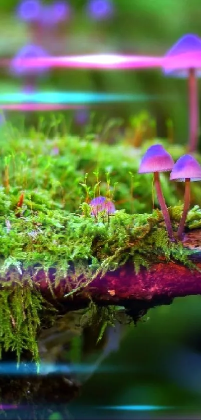 Whimsical purple mushrooms on lush green moss.