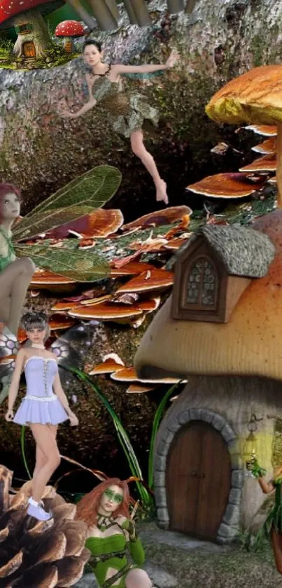 Enchanted forest wallpaper with mushrooms and fairy house.