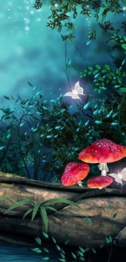 Enchanted forest wallpaper with glowing mushrooms and fairies.