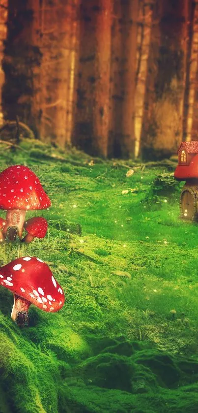 Enchanted forest with red mushrooms and green moss-covered ground.