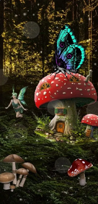 Enchanted forest scene with mushroom house and butterfly.