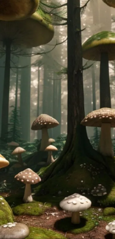 Enchanting forest wallpaper with oversized mushrooms in a lush, green landscape.