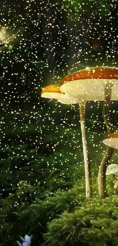 Mushrooms glowing in a magical forest with butterflies.