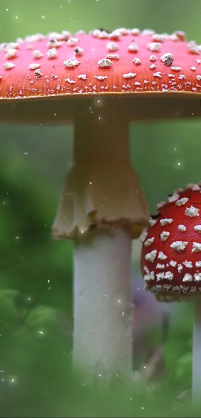 A vibrant scene of red mushrooms in a lush green forest setting.