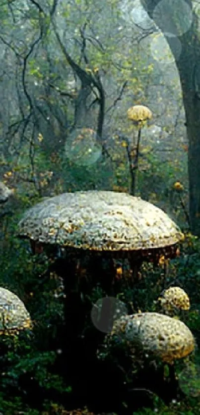 Enchanted forest with glowing mushrooms in a mystical atmosphere.