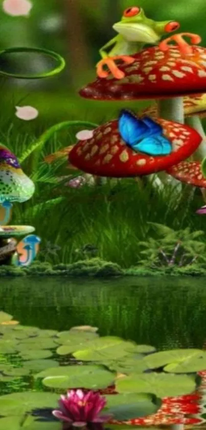 Enchanted forest scene with mushrooms and butterflies.