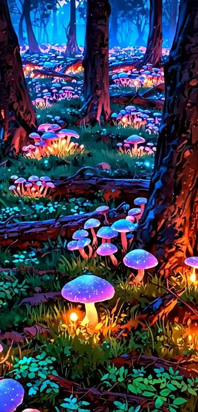 Magical forest with glowing mushrooms and trees.