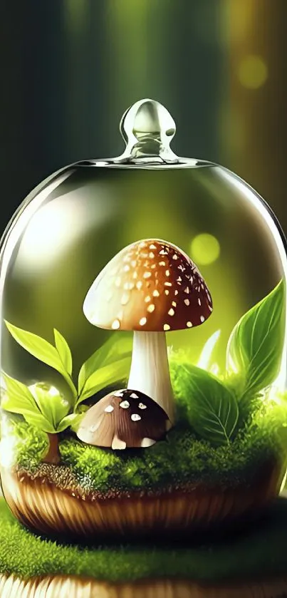 Enchanted mushroom terrarium under glass, vibrant greenery.