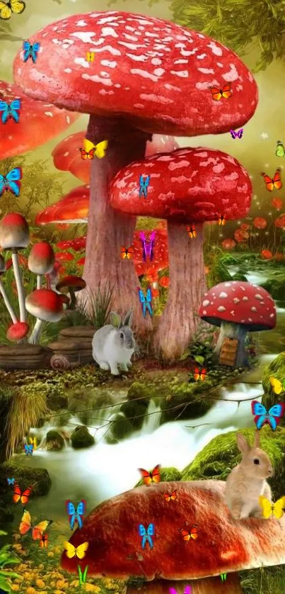 Enchanted forest with red mushrooms and rabbits.