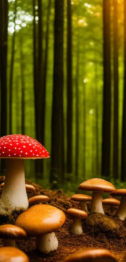 Vibrant red mushroom in a serene forest setting with sunlight filtering through trees.