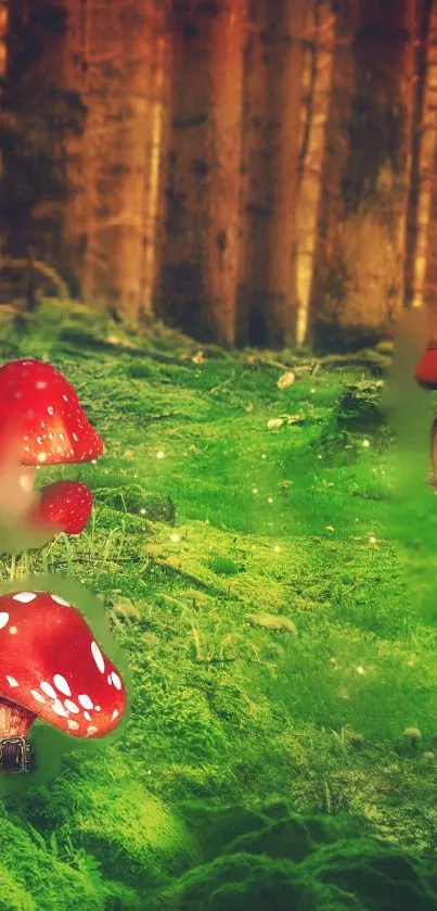 Fantasy forest wallpaper with red mushrooms and green moss.