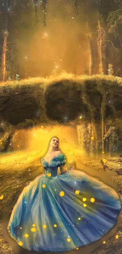 Magical forest with a woman in a flowing blue gown, backlit by golden light.