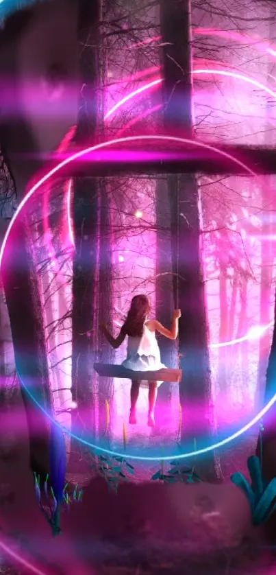 Magical forest with neon lights and swing, perfect for whimsical wallpaper.