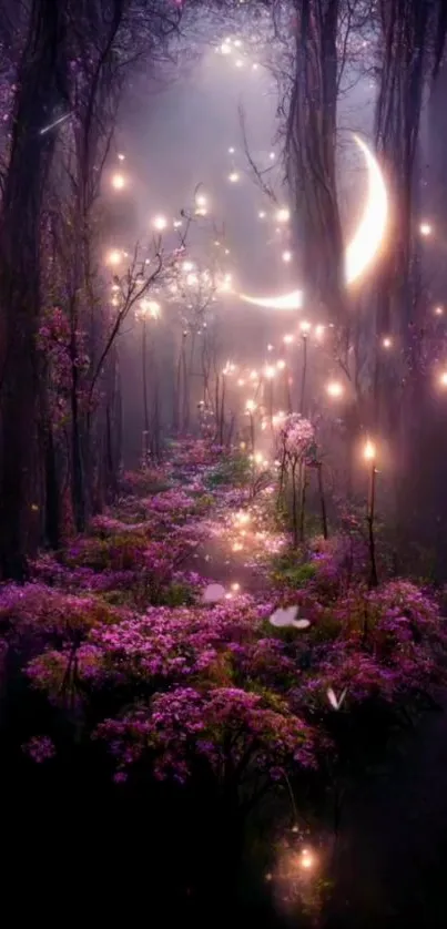 Enchanting forest with crescent moon and purple glow.