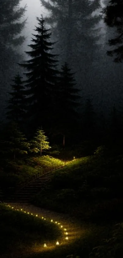 A dimly lit forest path at night with subtle green hues.