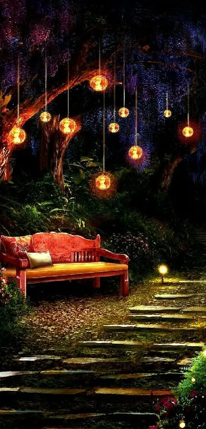 Enchanted forest scene with lanterns and a rustic bench at night.
