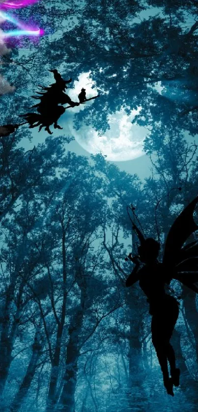 Fantasy forest wallpaper with moonlight, fairy, and witch silhouettes.