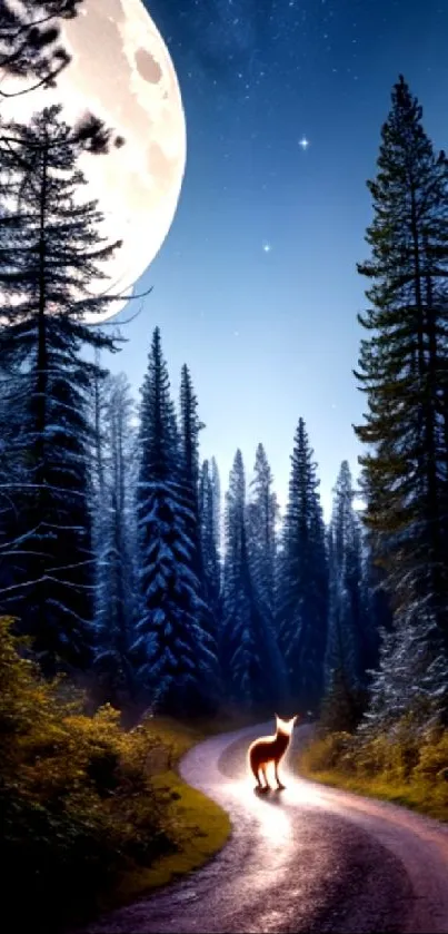 Lone deer on a moonlit forest path with a glowing full moon in the night sky.