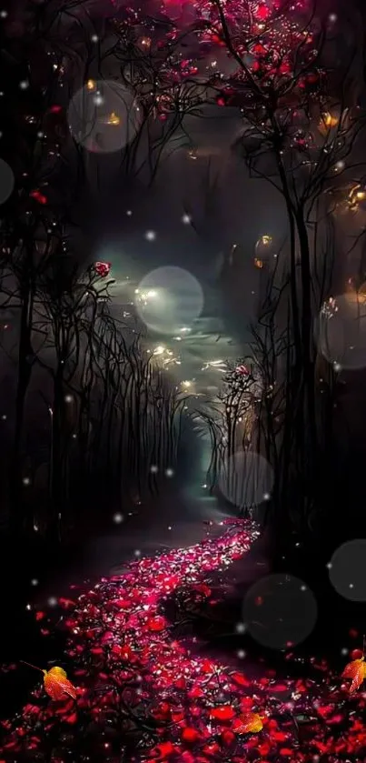 Mystical forest with glowing pink flowers in a surreal night landscape.