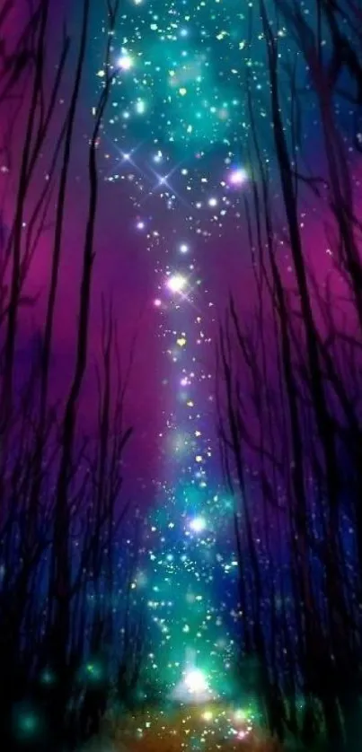 Enchanted forest under a vibrant, starry night sky.