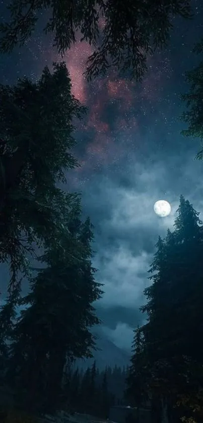 Dark forest with moonlit starry sky wallpaper.