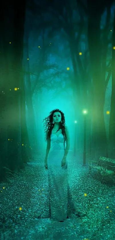 Mystical woman in glowing forest at night, teal tones create an ethereal vibe.