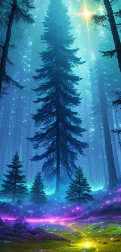 Enchanted forest night scene with glowing stars and tall trees.