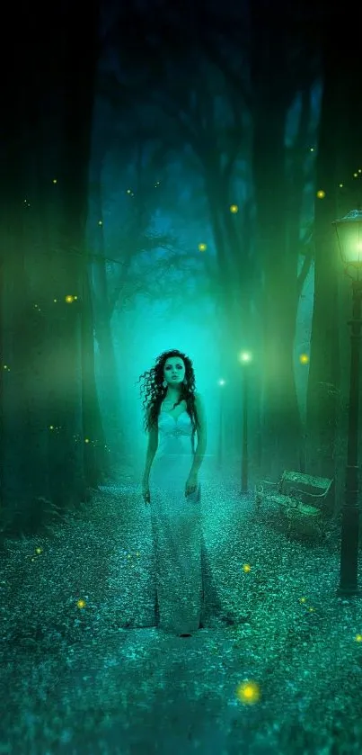 Mysterious figure in glowing enchanted forest with fireflies at night.