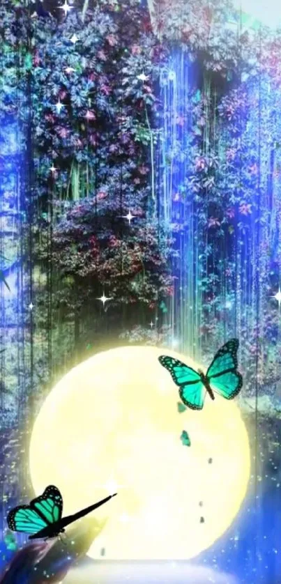 Enchanted forest night with glowing moon and butterflies.