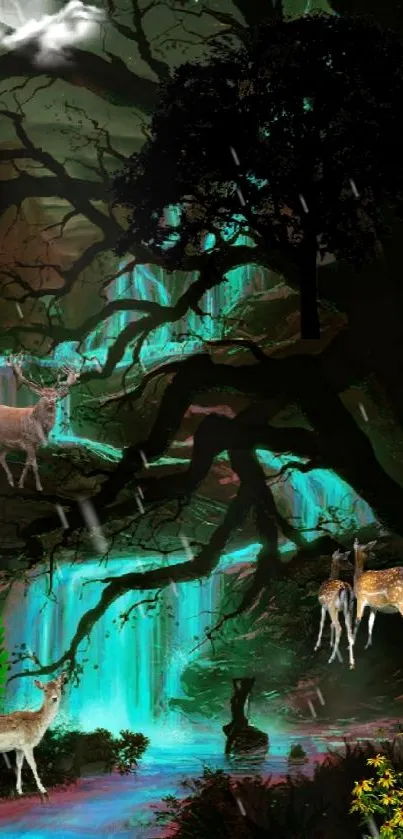 Magical forest at night with glowing waterfalls and deer under the moonlight.