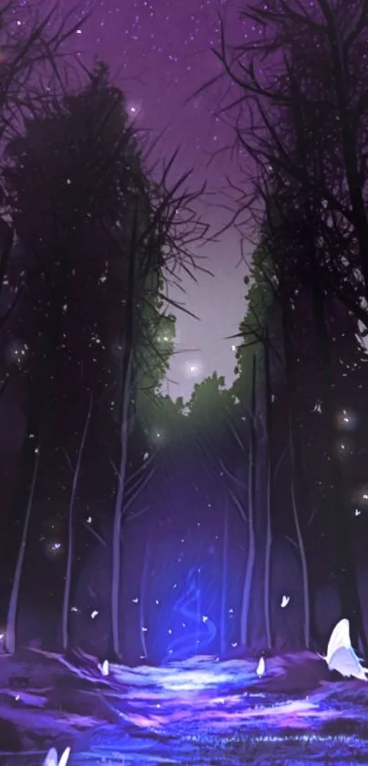 Mystical violet forest with glowing butterflies.