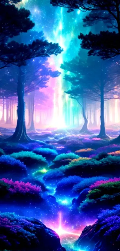 Vivid enchanted forest with glowing colors under a starlit sky.