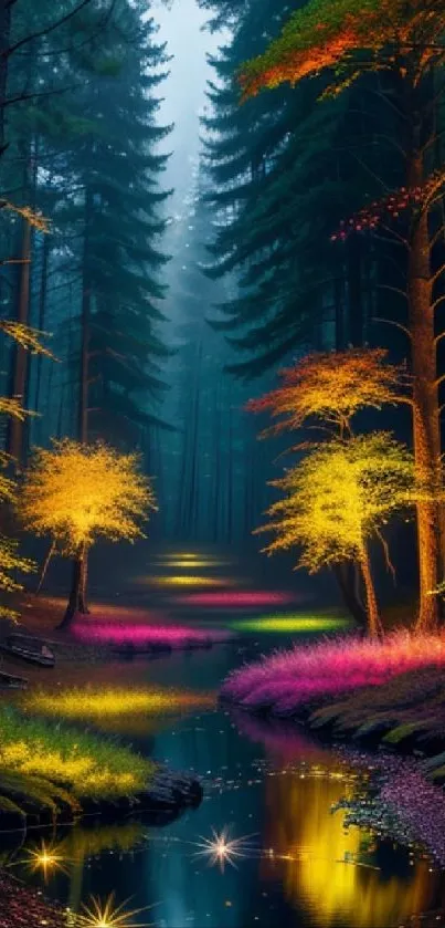 Enchanted forest with mystical lights and glowing colors in a dreamlike landscape.