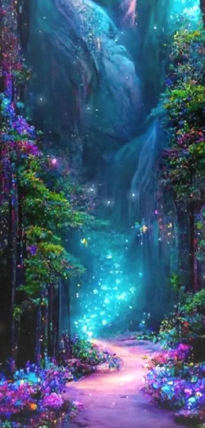 Magical forest path illuminated with teal and purple hues.