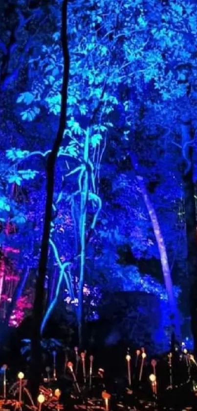 Magical blue-lit forest with glowing orbs at night.