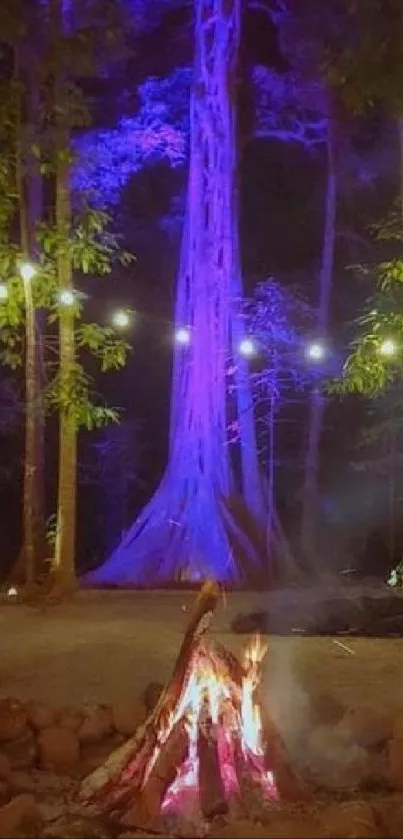 Enchanting forest night scene with bonfire and purple lights.