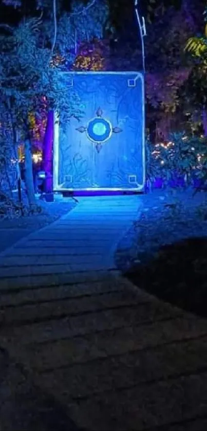 Mystical forest path with glowing blue portal at night.