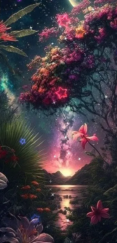 Enchanted forest at night with vibrant flowers and celestial sky.