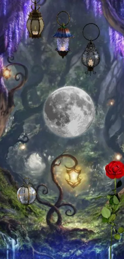 Mystical forest wallpaper with moon, lanterns, and a red rose.