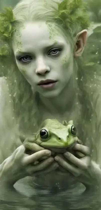 Forest nymph with frog in ethereal green setting.