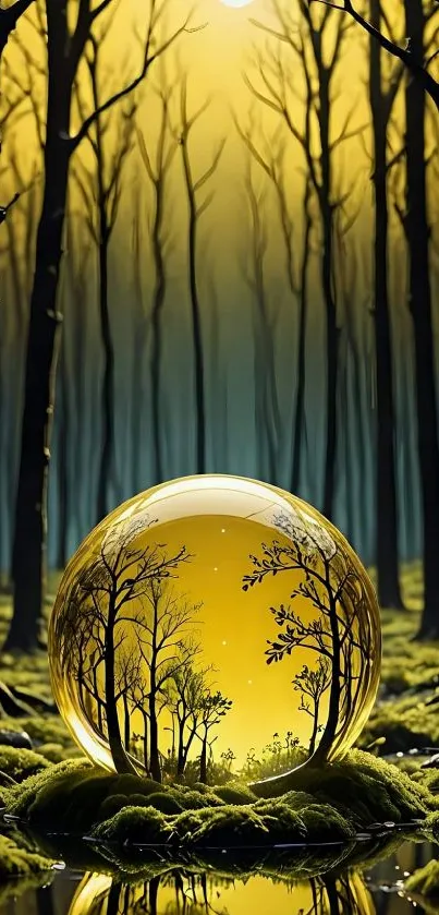 Enchanted forest with a glowing orb reflecting trees.