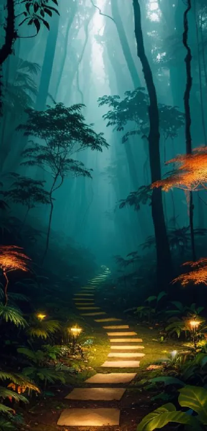 Magical forest path with glowing lights and green foliage atmosphere.